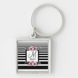 Schwarz-weiße Streifen Rosa Floral Monogramm Schlüsselanhänger