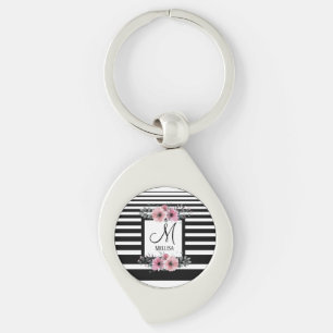 Schwarz-weiße Streifen Rosa Floral Monogramm Schlüsselanhänger