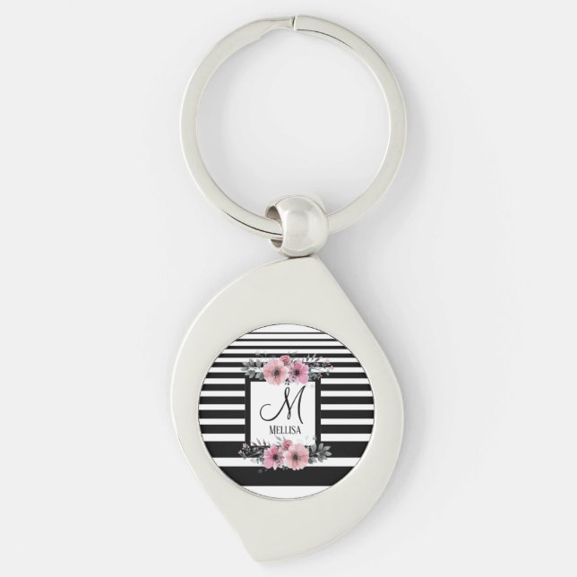 Schwarz-weiße Streifen Rosa Floral Monogramm Schlüsselanhänger (Vorderseite)