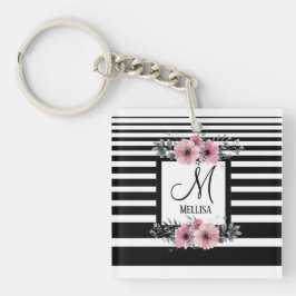 Schwarz-weiße Streifen Rosa Floral Monogramm Schlüsselanhänger