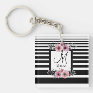 Schwarz-weiße Streifen Rosa Floral Monogramm Schlüsselanhänger