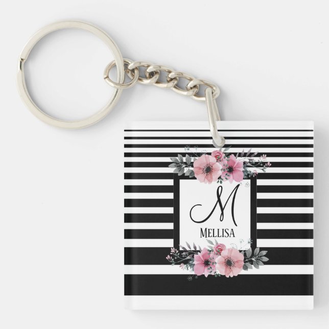 Schwarz-weiße Streifen Rosa Floral Monogramm Schlüsselanhänger (Vorderseite)