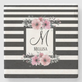 Schwarz-weiße Streifen Rosa Floral Monogramm Steinuntersetzer