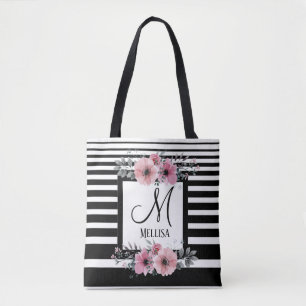 Schwarz-weiße Streifen Rosa Floral Monogramm Tasche