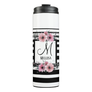 Schwarz-weiße Streifen Rosa Floral Monogramm Thermosbecher