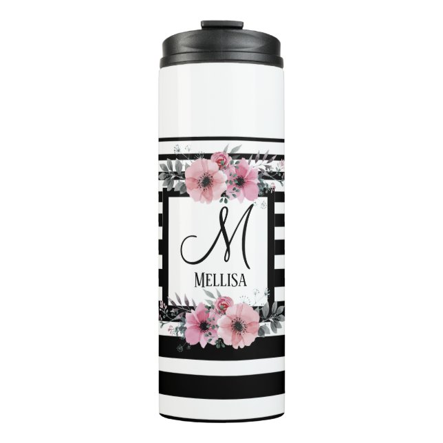 Schwarz-weiße Streifen Rosa Floral Monogramm Thermosbecher (Vorderseite)