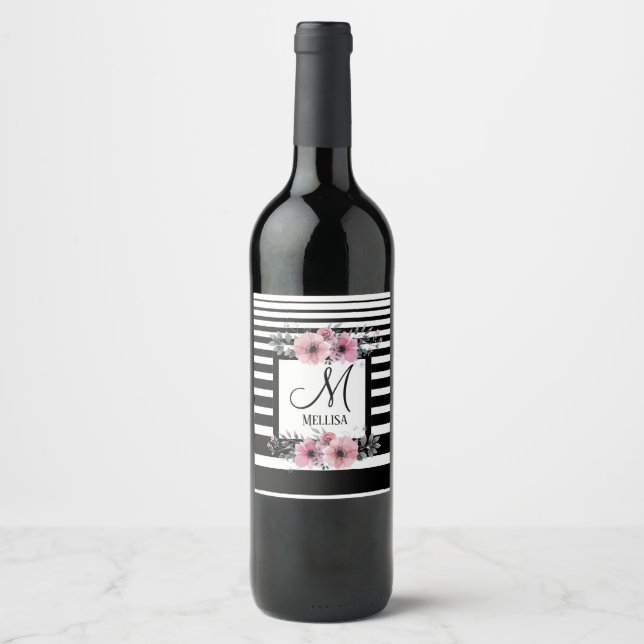 Schwarz-weiße Streifen Rosa Floral Monogramm Weinetikett (Vorderseite)