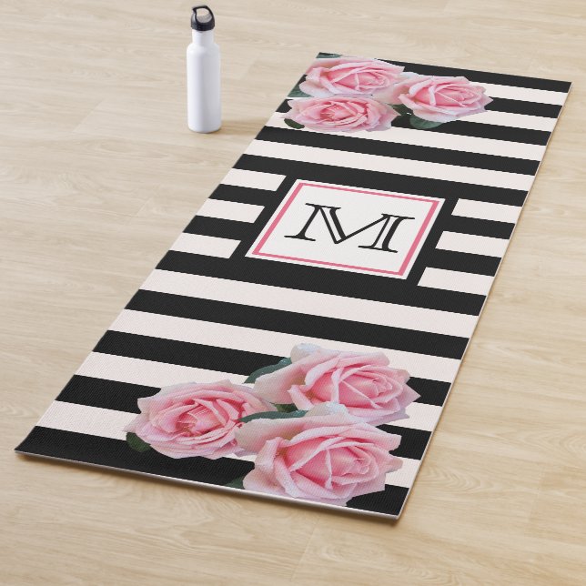 Schwarz-weiße Streifen Rosa Florin Monogramm Yogamatte (Beispiel)