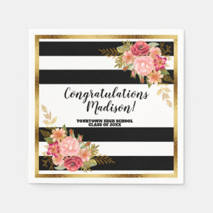 Schwarz Weiße Streifen Rosa Gold Floral Abschluss Serviette
