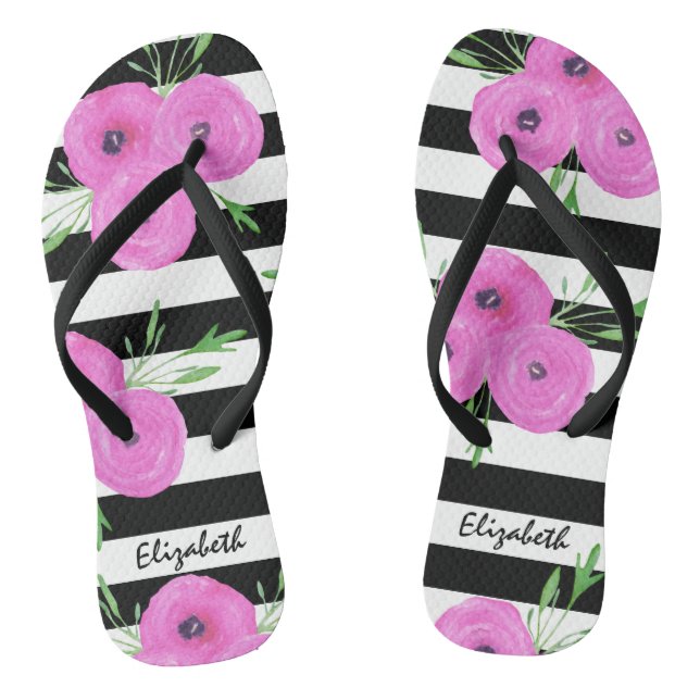 Schwarz-weiße Streifen Rosa Ranunculus Flip Flops (Fußbett)
