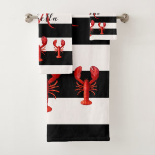 Schwarz-weiße Streifen Rote Hummer Monogramm Badhandtuch Set