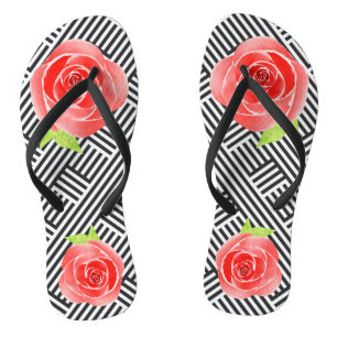 Schwarz Weiße Streifen Rote Rosen Flip Flops
