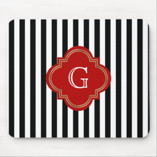 Schwarz Weiße Streifen, Rotes Label Monogramm Mousepad
