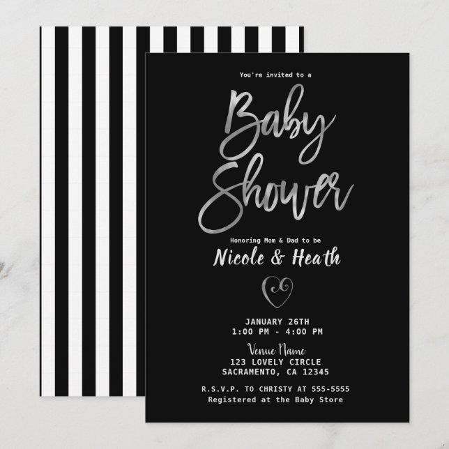 Schwarz-weiße Streifen Silver Chic Baby Dusche Einladung (Vorne/Hinten)