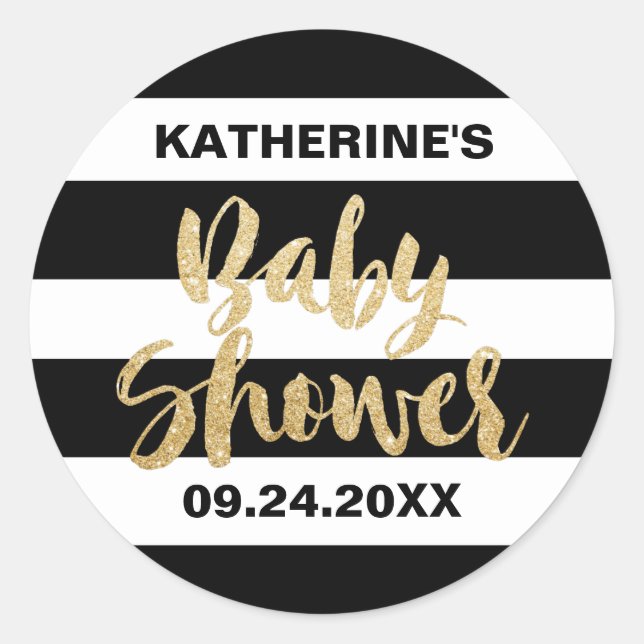 Schwarz-weiße Streifen und Gold Text Baby Dusche Runder Aufkleber (Vorderseite)