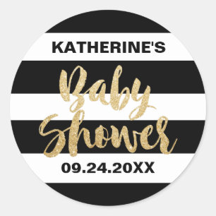 Schwarz-weiße Streifen und Goldtext-Baby-Dusche Runder Aufkleber