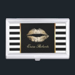 Schwarz-weiße Streifen und Lippen für Künstler Visitenkarten Dose<br><div class="desc">Makeup Artist Classy Schwarz-weiß Stripes Gold Lips Business Card Holder.</div>