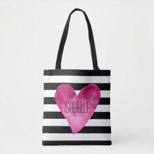 Schwarz + Weiße Streifen Wasserfarbe Rosa Herzname Tasche