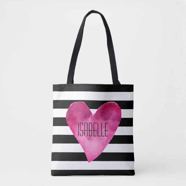 Schwarz + Weiße Streifen Wasserfarbe Rosa Herzname Tasche (Vorderseite)