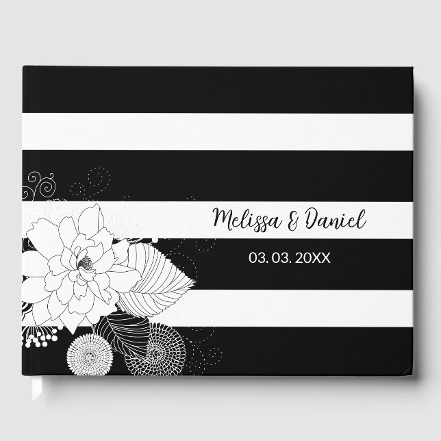 Schwarz-weiße Streifen Weiße Blume Gästebuch (Vorderseite)