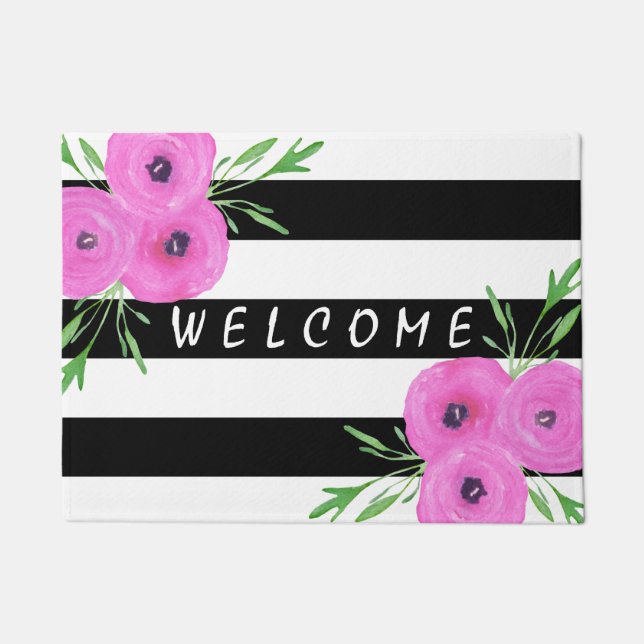 Schwarz-weiße Streifenrosa Ranunculus mit Blumen Fußmatte (Vorderseite)