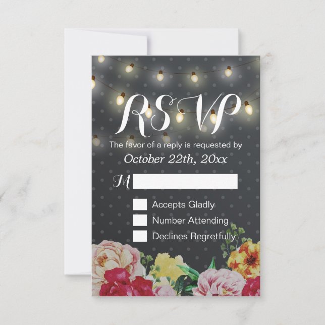Schwarz-weiße String Lights Floral Wedding RSVP Ca Karte (Vorderseite)