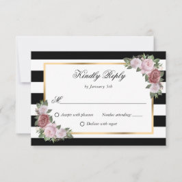 Schwarz-weiße Stripes Gold Pink Blush Blues Hochze RSVP Karte
