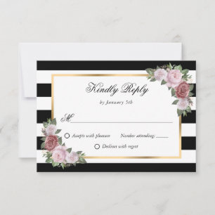 Schwarz-weiße Stripes Gold Pink Blush Blues Hochze RSVP Karte