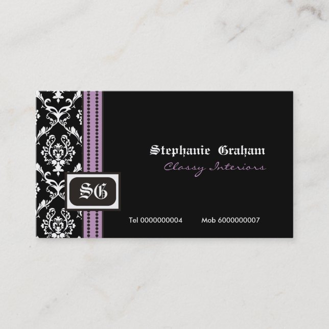 Schwarz-weiße, stylische Damask Monogramm Visitenk Visitenkarte (Vorderseite)