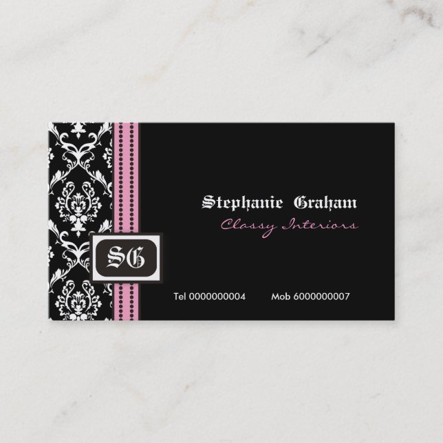 Schwarz-weiße, stylische Damask Monogramm Visitenk Visitenkarte (Vorderseite)