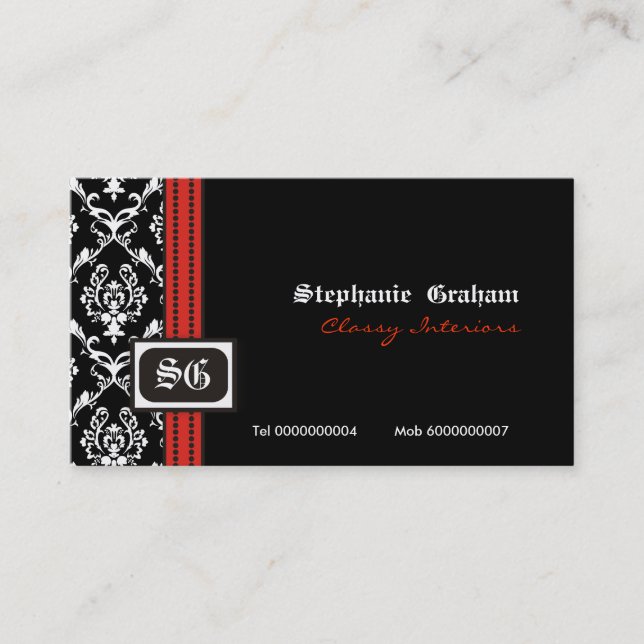 Schwarz-weiße, stylische Damask Monogramm Visitenk Visitenkarte (Vorderseite)