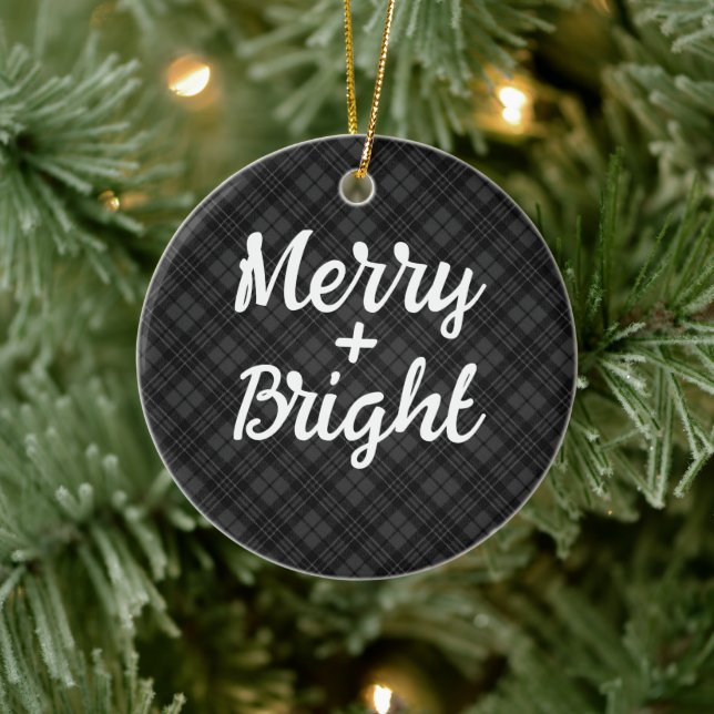 Schwarz-weiße Tartan Weihnachten froh und hell Keramik Ornament (Baum)