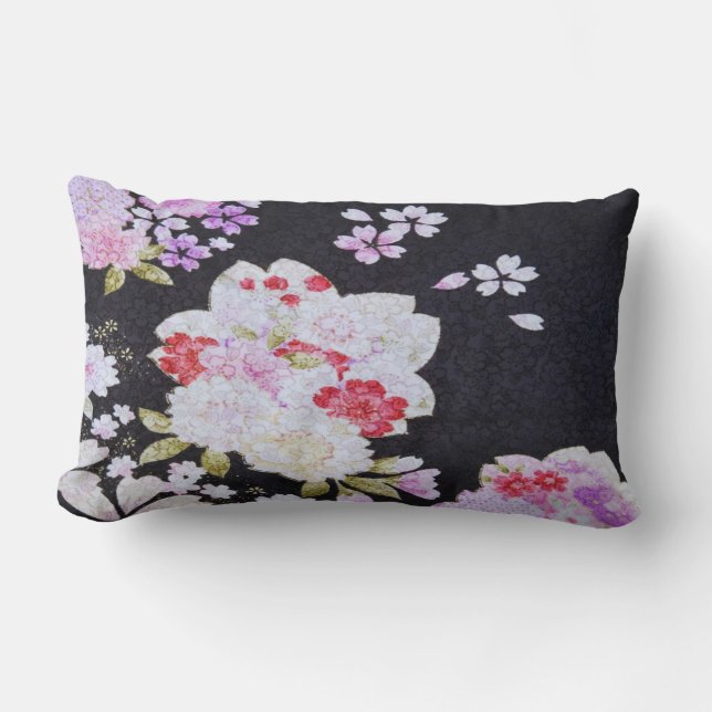 Schwarz-weiße traditionelle japanische Blume Lendenkissen (Vorderseite)