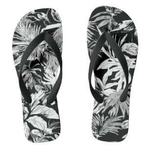 Schwarz-weiße tropische Flip-Flops mit Blättern fü Flip Flops