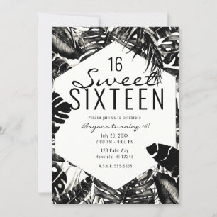Schwarz & Weiße Tropische Palmenblätter Sweet 16 Einladung