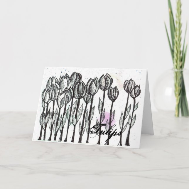 Schwarz-weiße Tulip Blume Pinsel und Tintenzeichnu Karte (Vorderseite)