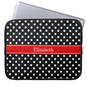 Schwarz-Weiße Tupfen, roter Name, Monogramm Laptopschutzhülle