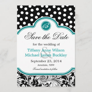 Schwarz-weiße türkisfarbene Hochzeit speichern das Save The Date