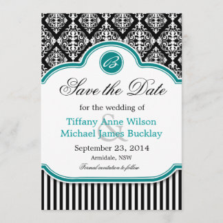 Schwarz-weiße türkisfarbene Hochzeit speichern das Save The Date