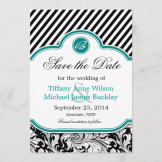 Schwarz-weiße türkisfarbene Hochzeit speichern das Save The Date
