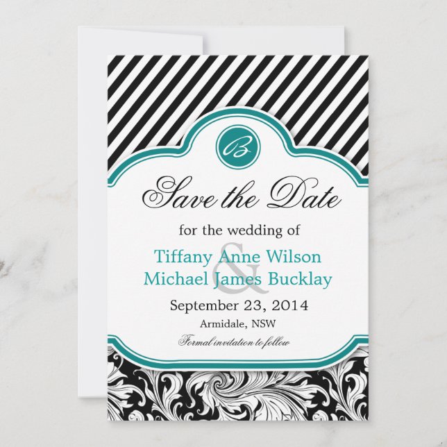 Schwarz-weiße türkisfarbene Hochzeit speichern das Save The Date (Vorderseite)
