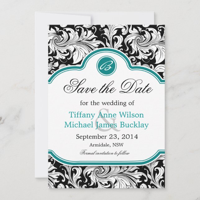 Schwarz-weiße türkisfarbene Hochzeit speichern das Save The Date (Vorderseite)