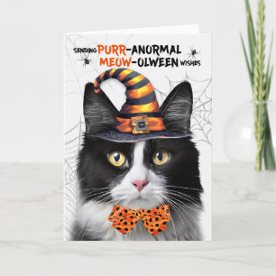 Schwarz-weiße Tuxedo Katze PURRanormale MEOWolween Feiertagskarte