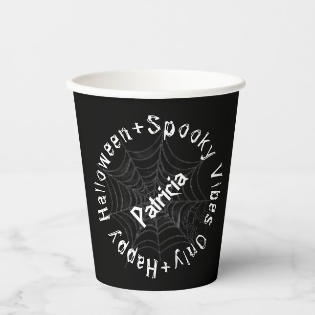 Schwarz-weiße Typografie Spooky Spaß glücklich Hal Pappbecher (Vorderseite)