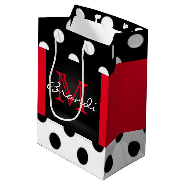 Schwarz-weiße u. rote Polka-Punkte u. Monogramm Mittlere Geschenktüte (Rückseite Schrägansicht)