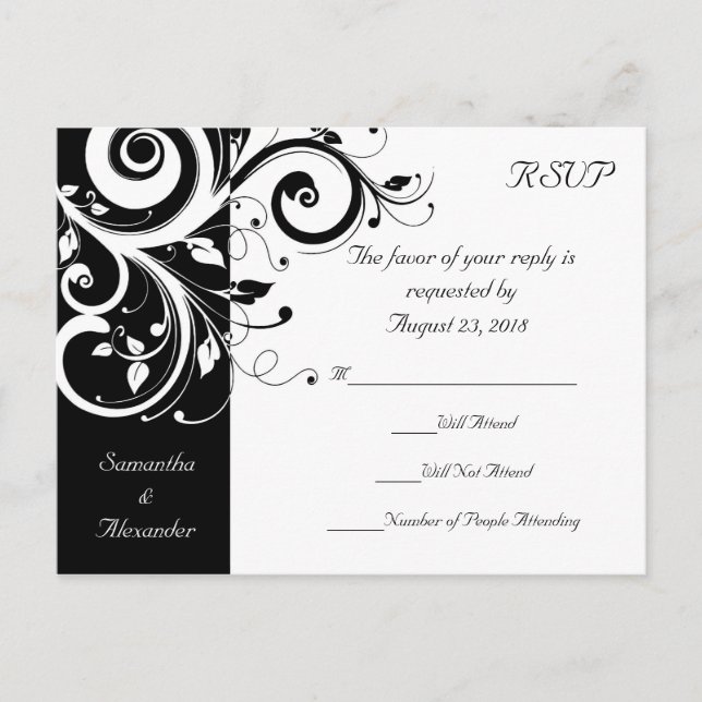 Schwarz +Weiße Umdrehungswirbel für Hochzeit RSVP  Einladungspostkarte (Vorderseite)