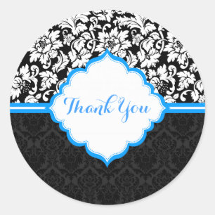 Schwarz-weiße und blaue Vintage BlumenDamasken Runder Aufkleber