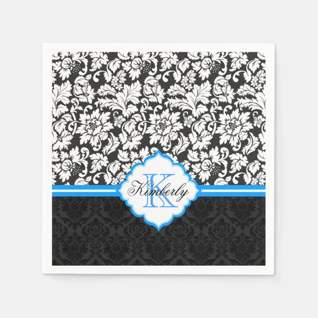 Schwarz-weiße und blaue Vintage BlumenDamasken Serviette (Vorderseite)