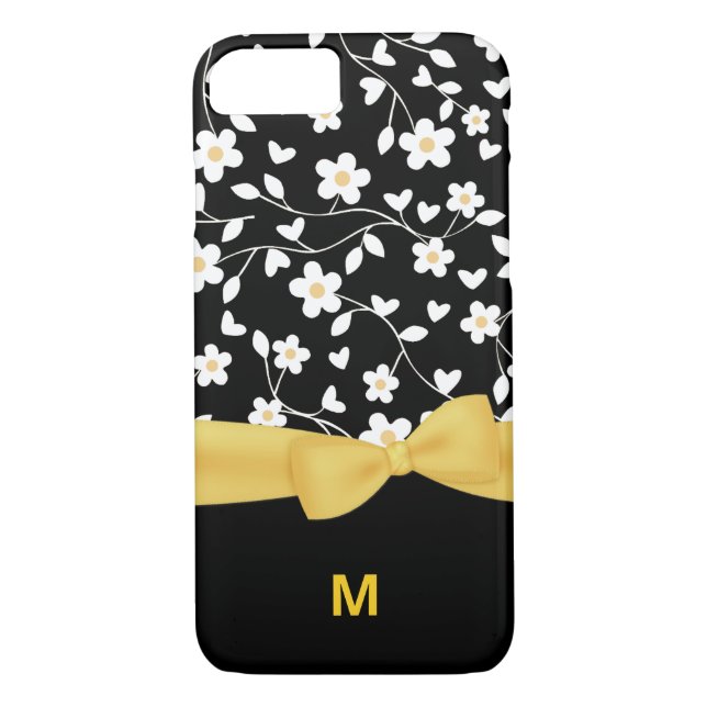Schwarz-weiße und gelbe Blumen Mit Monogramm Case-Mate iPhone Hülle (Rückseite)