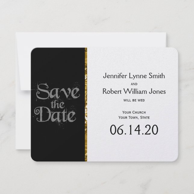 Schwarz-weiße und Gold Glitzer Hochzeit Sichern Si Save The Date (Vorderseite)